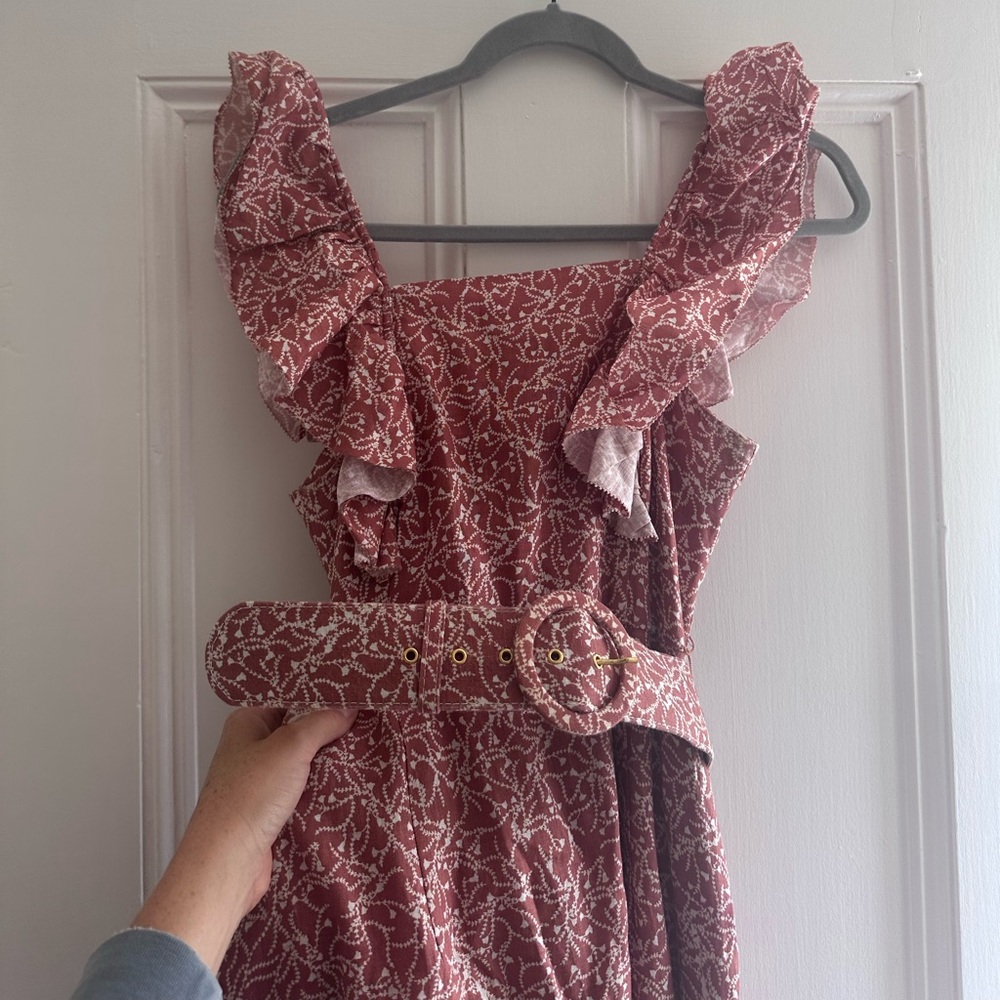 NICHOLAS Burnt Red/ Coral and White Belted Midi Dress